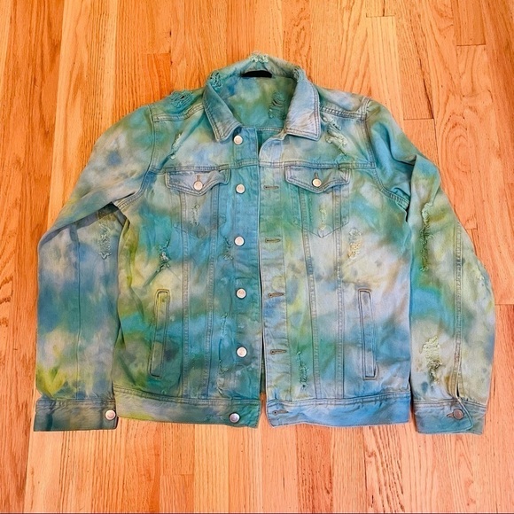 Festival tie dyed jean jacket M distressed ripped blue green ocean water - Picture 3 of 15